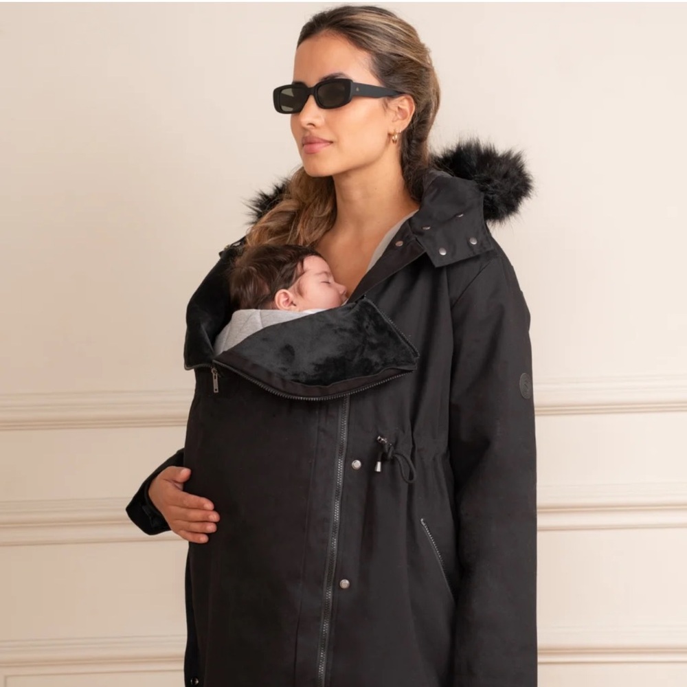 Women's Black Maternity Coat with Faux Fur Hood